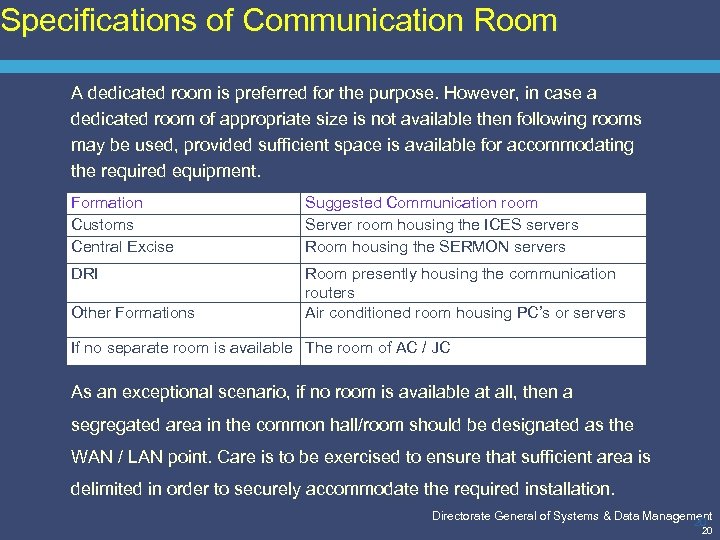 Specifications of Communication Room A dedicated room is preferred for the purpose. However, in