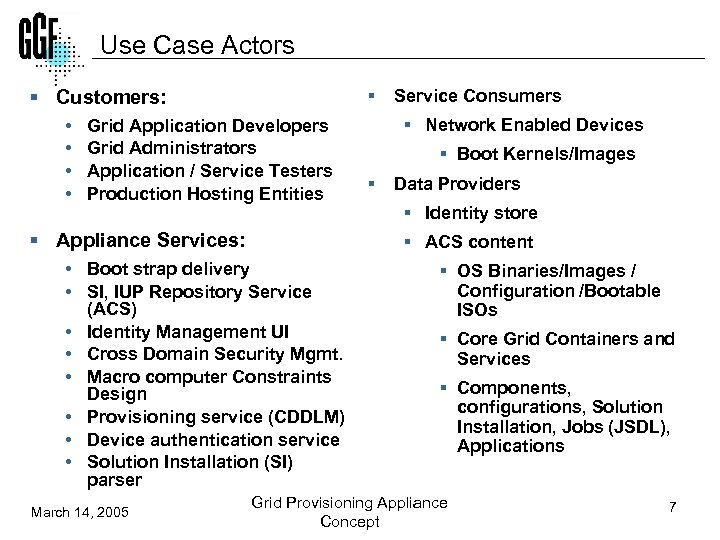 Use Case Actors § Customers: • • § Grid Application Developers Grid Administrators Application