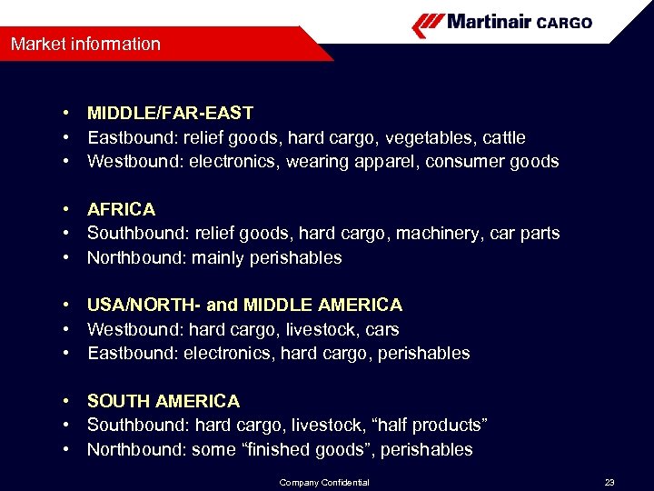 Market information • MIDDLE/FAR-EAST • Eastbound: relief goods, hard cargo, vegetables, cattle • Westbound: