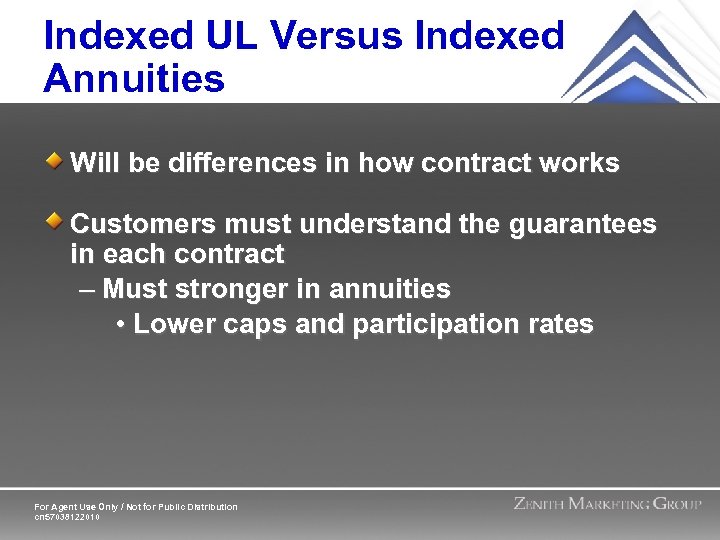 Indexed UL Versus Indexed Annuities Will be differences in how contract works Customers must
