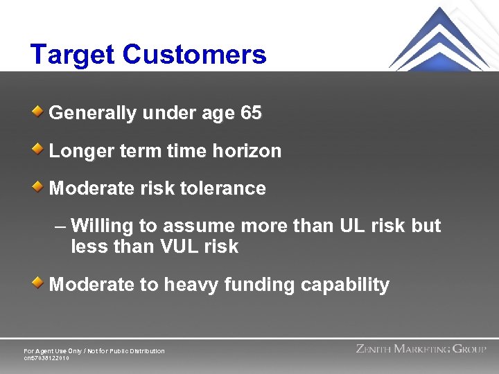 Target Customers Generally under age 65 Longer term time horizon Moderate risk tolerance –