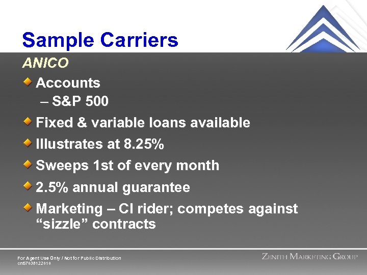 Sample Carriers ANICO Accounts – S&P 500 Fixed & variable loans available Illustrates at