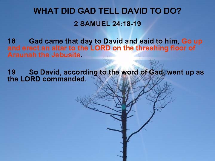 WHAT DID GAD TELL DAVID TO DO? 2 SAMUEL 24: 18 -19 18 Gad