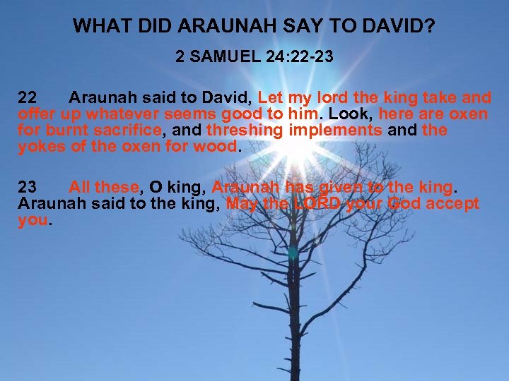 WHAT DID ARAUNAH SAY TO DAVID? 2 SAMUEL 24: 22 -23 22 Araunah said