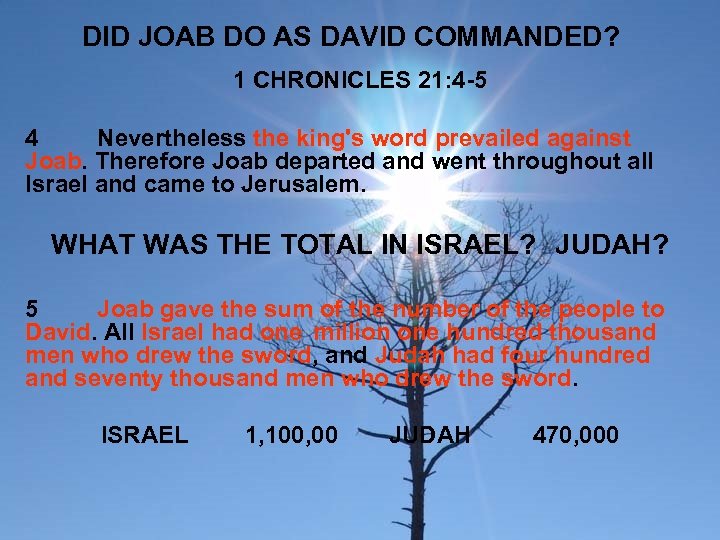 DID JOAB DO AS DAVID COMMANDED? 1 CHRONICLES 21: 4 -5 4 Nevertheless the