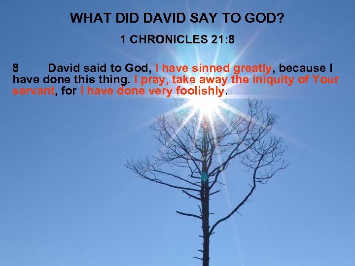 WHAT DID DAVID SAY TO GOD? 1 CHRONICLES 21: 8 8 David said to