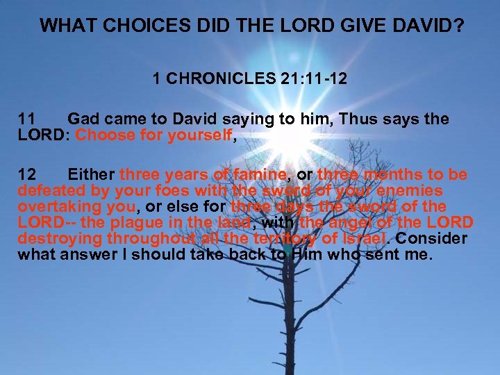 WHAT CHOICES DID THE LORD GIVE DAVID? 1 CHRONICLES 21: 11 -12 11 Gad