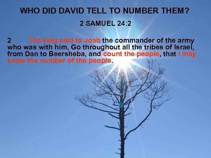 WHO DID DAVID TELL TO NUMBER THEM? 2 SAMUEL 24: 2 2 The king