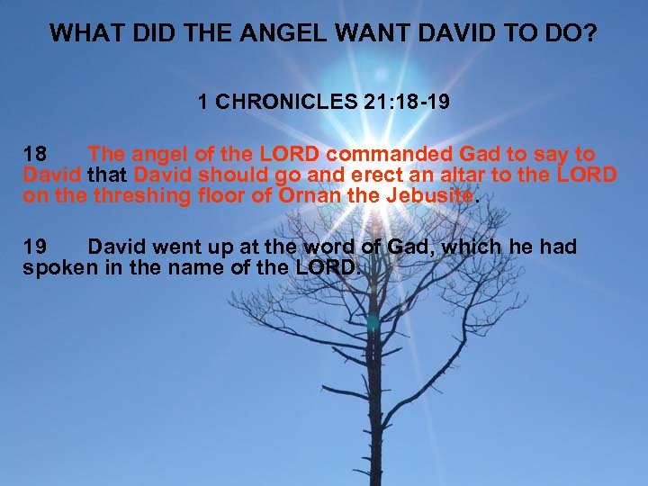 WHAT DID THE ANGEL WANT DAVID TO DO? 1 CHRONICLES 21: 18 -19 18