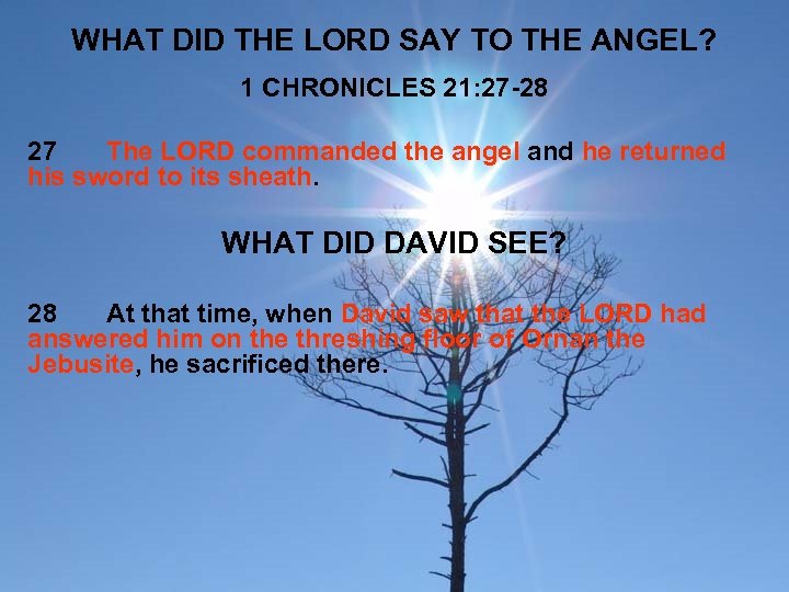 WHAT DID THE LORD SAY TO THE ANGEL? 1 CHRONICLES 21: 27 -28 27