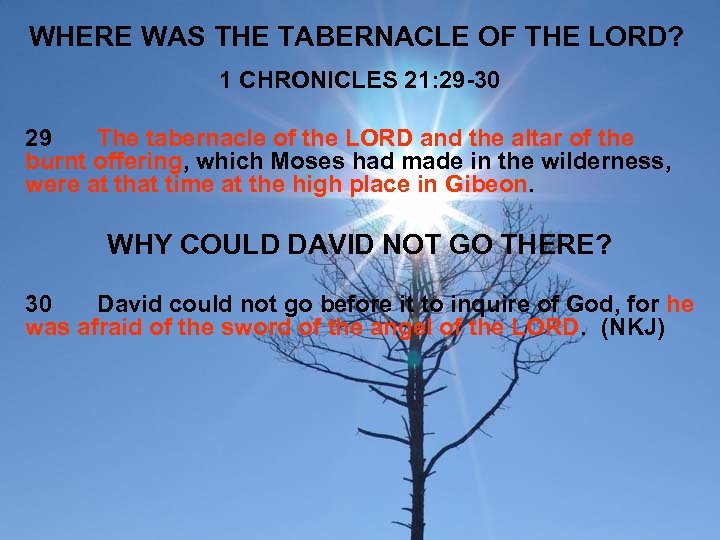 WHERE WAS THE TABERNACLE OF THE LORD? 1 CHRONICLES 21: 29 -30 29 The