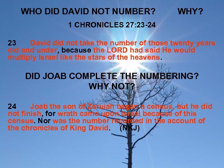 WHO DID DAVID NOT NUMBER? WHY? 1 CHRONICLES 27: 23 -24 23 David did