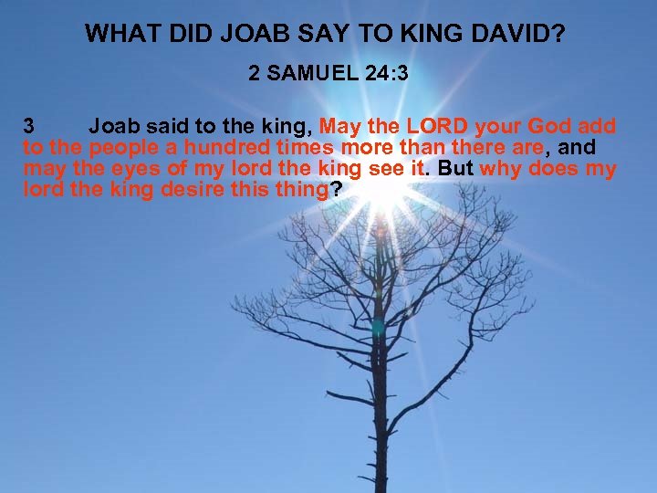 WHAT DID JOAB SAY TO KING DAVID? 2 SAMUEL 24: 3 3 Joab said