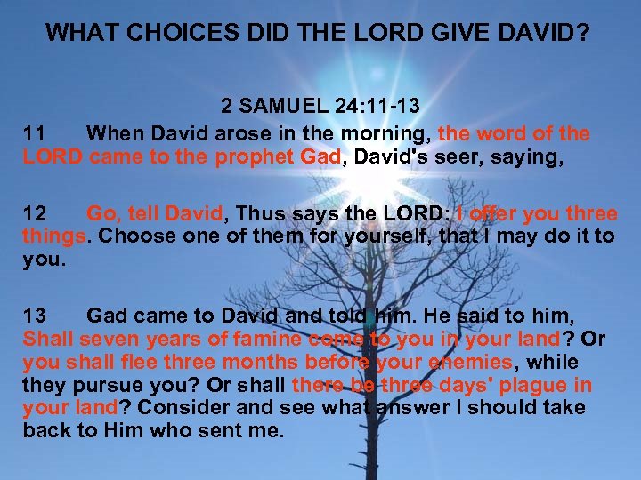 WHAT CHOICES DID THE LORD GIVE DAVID? 2 SAMUEL 24: 11 -13 11 When