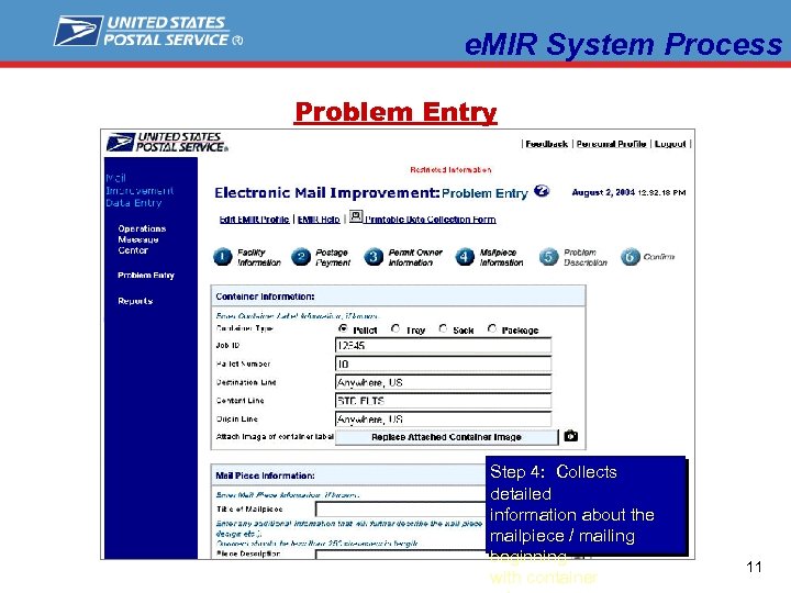 e. MIR System Process Problem Entry Step 4: Collects detailed information about the mailpiece