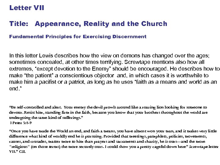 Letter VII Title: Appearance, Reality and the Church Fundamental Principles for Exercising Discernment In