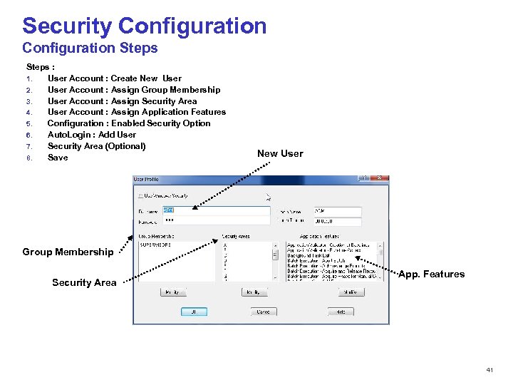 Security Configuration Steps : 1. User Account : Create New User 2. User Account