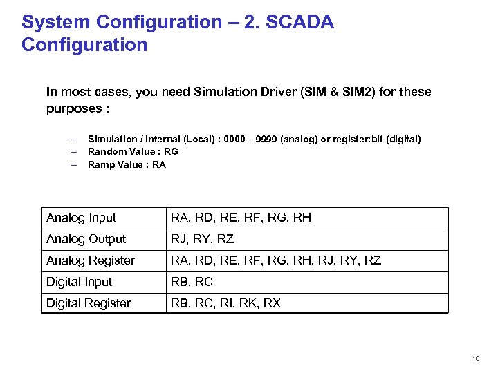 System Configuration – 2. SCADA Configuration In most cases, you need Simulation Driver (SIM