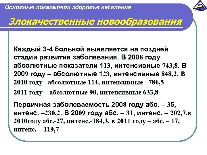 Основные показатели здоровья населения Злокачественные новообразования Каждый 3 -4 больной выявляется на поздней стадии