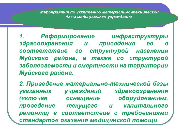 Мероприятия по укреплению материально-технической базы медицинского учреждения: 1. Реформирование инфраструктуры здравоохранения и приведения ее