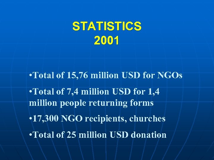 STATISTICS 2001 • Total of 15, 76 million USD for NGOs • Total of