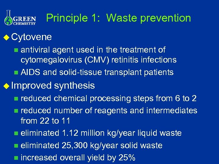 Principle 1: Waste prevention u Cytovene antiviral agent used in the treatment of cytomegalovirus