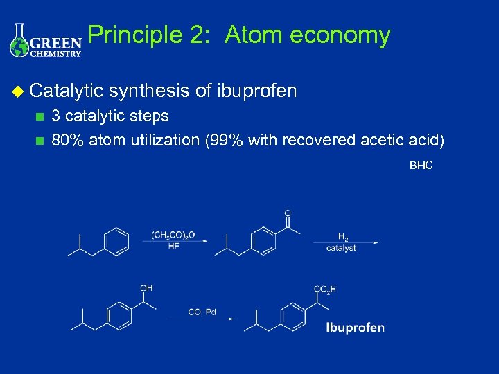 Principle 2: Atom economy u Catalytic n n synthesis of ibuprofen 3 catalytic steps