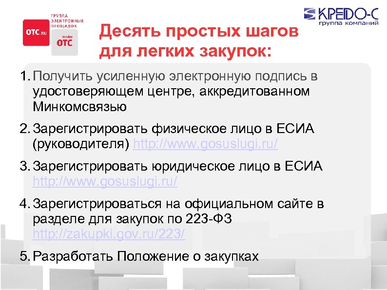 Десять простых шагов для легких закупок: 1. Получить усиленную электронную подпись в удостоверяющем центре,