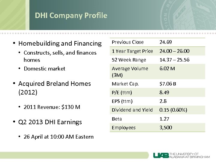 DHI Company Profile • Homebuilding and Financing • Constructs, sells, and finances homes •