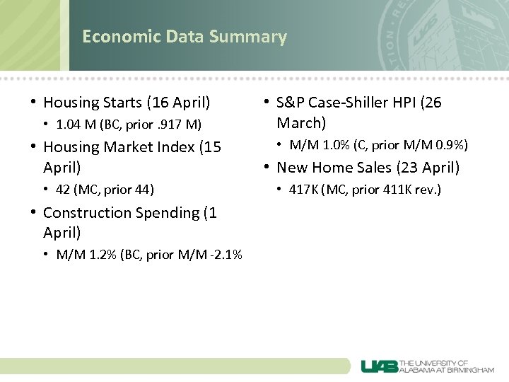 Economic Data Summary • Housing Starts (16 April) • 1. 04 M (BC, prior.