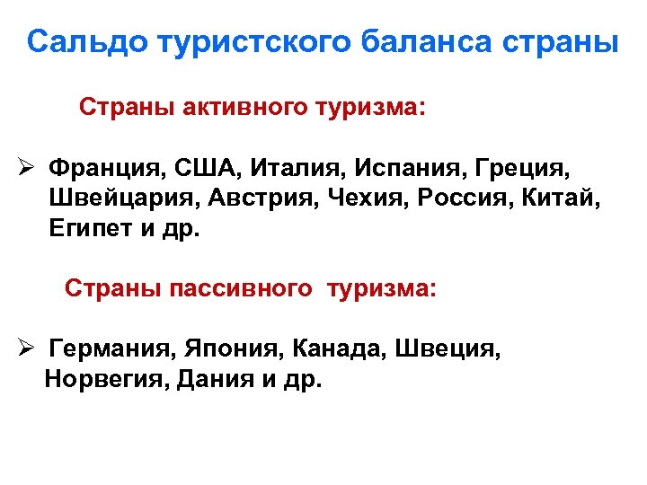 Сальдо туристского баланса страны Страны активного туризма: Ø Франция, США, Италия, Испания, Греция, Швейцария,