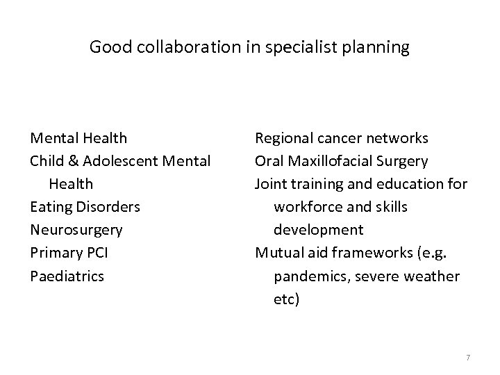 Good collaboration in specialist planning Mental Health Child & Adolescent Mental Health Eating Disorders