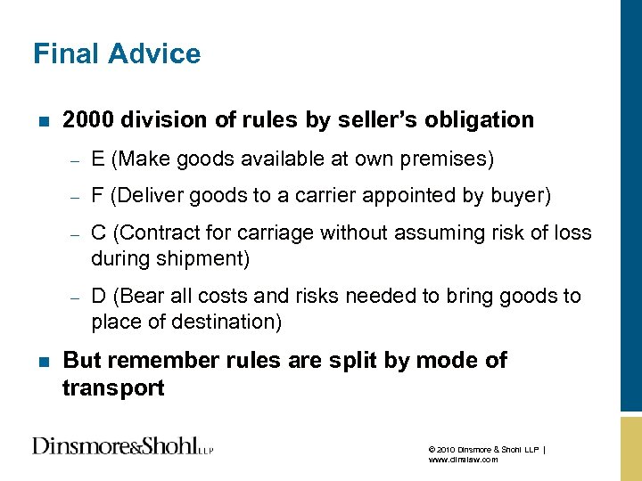 Final Advice n 2000 division of rules by seller’s obligation – – F (Deliver