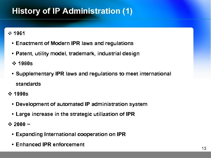 History of IP Administration (1) v 1961 • Enactment of Modern IPR laws and