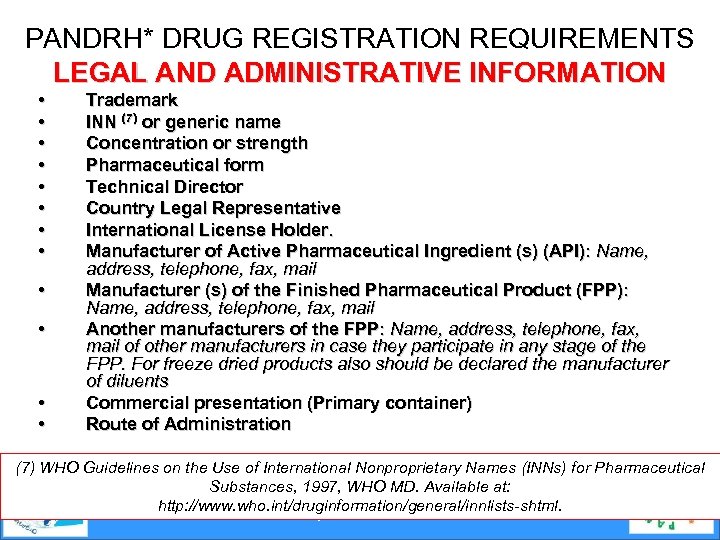 PANDRH* DRUG REGISTRATION REQUIREMENTS LEGAL AND ADMINISTRATIVE INFORMATION • • • Trademark INN (7)