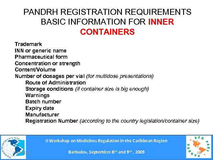 PANDRH REGISTRATION REQUIREMENTS BASIC INFORMATION FOR INNER CONTAINERS Trademark INN or generic name Pharmaceutical