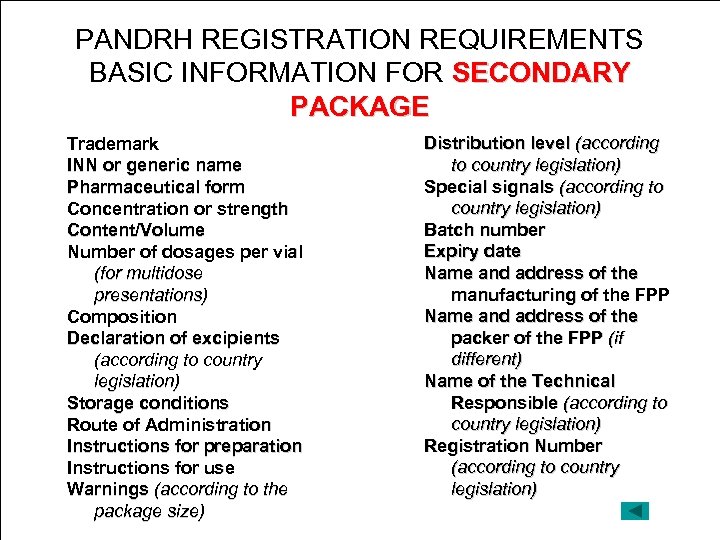 PANDRH REGISTRATION REQUIREMENTS BASIC INFORMATION FOR SECONDARY PACKAGE Distribution level (according Trademark to country