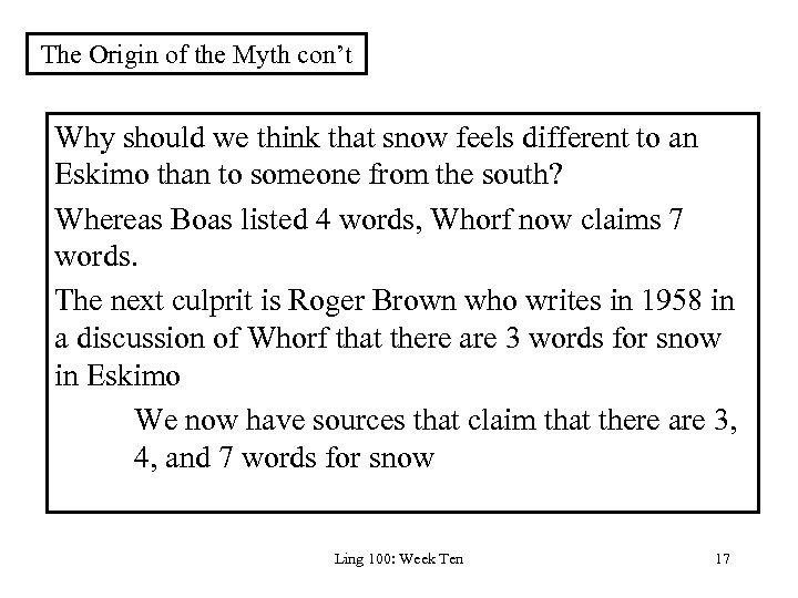 The Origin of the Myth con’t Why should we think that snow feels different