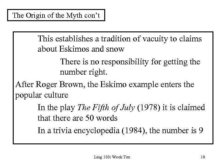 The Origin of the Myth con’t This establishes a tradition of vacuity to claims