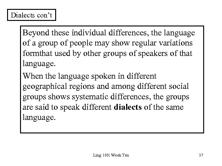 Dialects con’t Beyond these individual differences, the language of a group of people may
