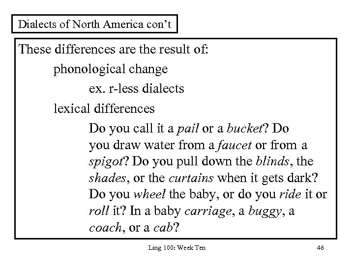 Dialects of North America con’t These differences are the result of: phonological change ex.