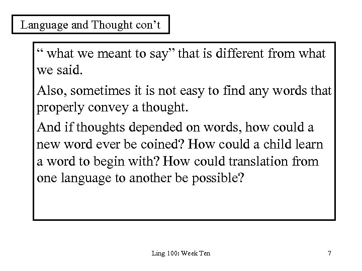 Language and Thought con’t “ what we meant to say” that is different from
