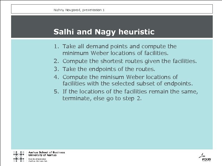 Nizhny Novgorod, presentation 1 Salhi and Nagy heuristic 1. Take all demand points and