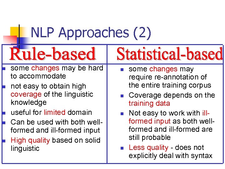 NLP Approaches (2) n n n some changes may be hard to accommodate not