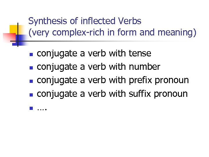 Synthesis of inflected Verbs (very complex-rich in form and meaning) n n n conjugate