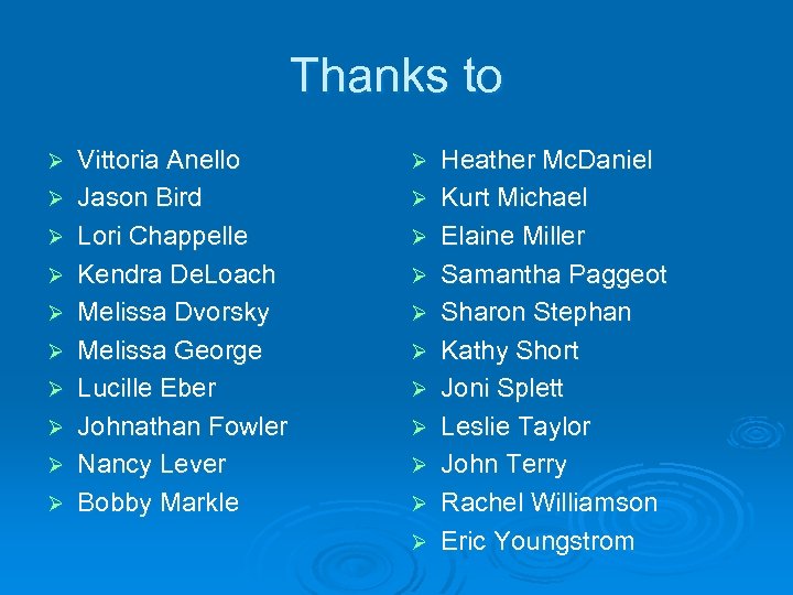 Thanks to Ø Ø Ø Ø Ø Vittoria Anello Jason Bird Lori Chappelle Kendra