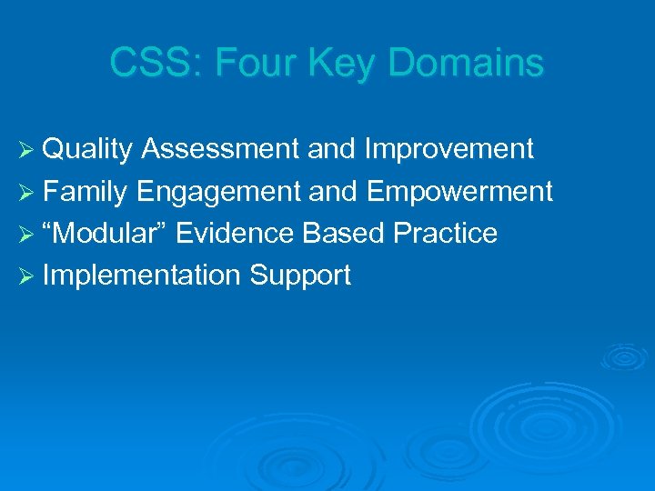 CSS: Four Key Domains Ø Quality Assessment and Improvement Ø Family Engagement and Empowerment