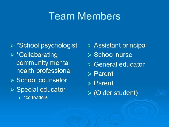 Team Members *School psychologist Ø *Collaborating community mental health professional Ø School counselor Ø