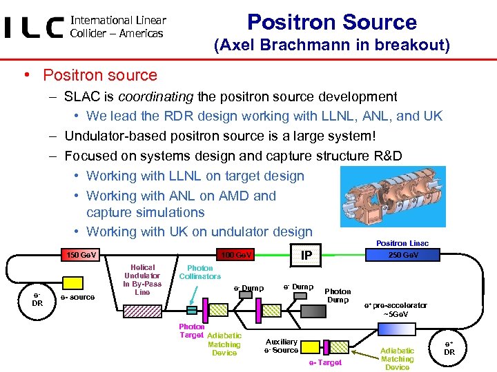 International Linear Collider – Americas Positron Source (Axel Brachmann in breakout) • Positron source