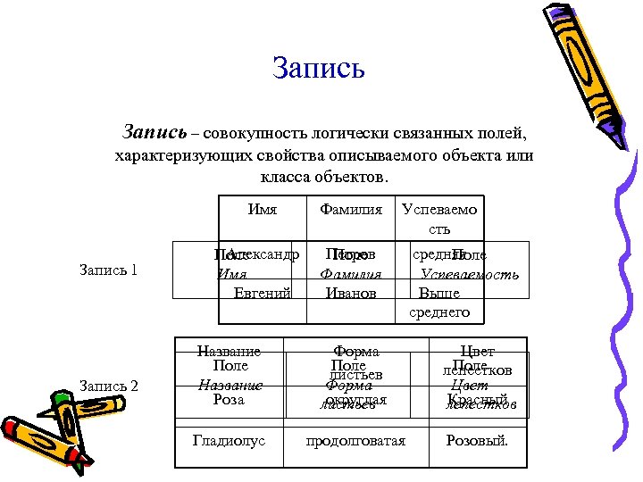 Запись – совокупность логически связанных полей, характеризующих свойства описываемого объекта или класса объектов. Имя
